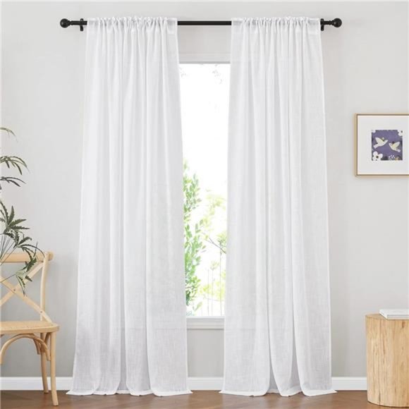 White Sheer Linen Curtains for Living Room, Rod Pocket & Back Tab Sweep to Floor - Picture 3 of 6